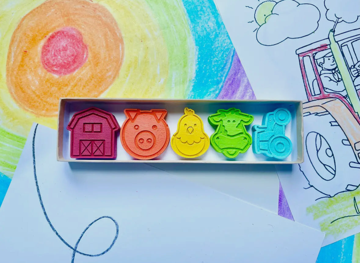 Farm animal crayon gift set made from 100% non-toxic crayons. Includes 5 assorted colorful crayons in an 8"x2" box, perfect for stocking stuffers, party favors, or classroom gifts. Crayons are approximately 2" long and made from recycled materials.