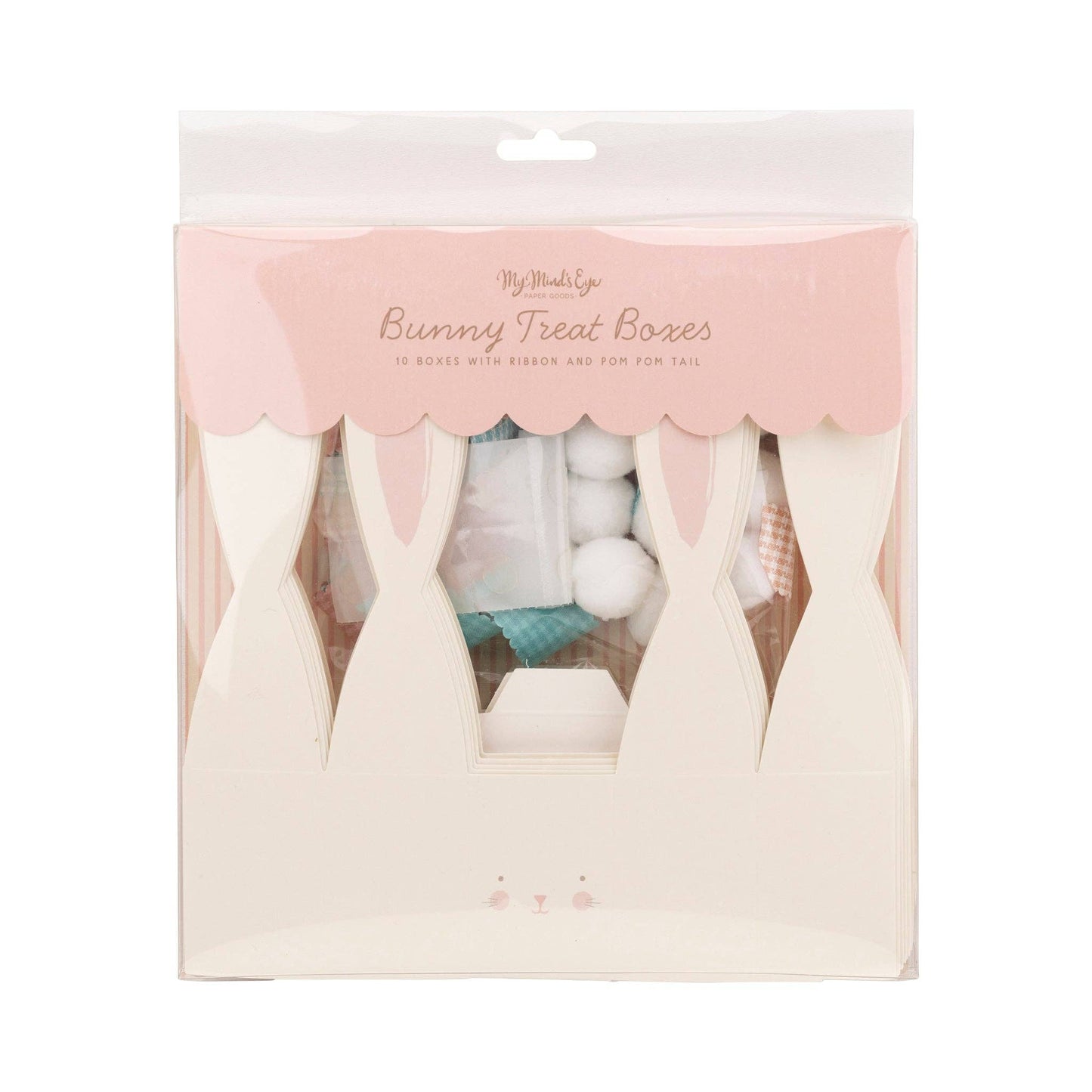 Set of 10 Bunny Treat Boxes – 8"x7", with pom poms and ribbon, perfect for Easter treats & festivities.