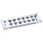 Modern Lucite Mancala game with clear acrylic board, 48 colorful glass pieces, and magnetic cover.