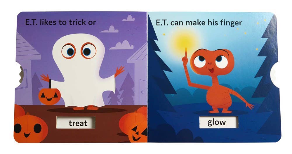 E.T.'s First Words board book for early learners with interactive wheels for language development, featuring iconic scenes from E.T. the Extra-Terrestrial. Kids learn words like 'read,' 'candy,' and 'home' in a playful, nostalgic format.