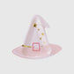 Pink witch hat-shaped disposable plates, perfect for Halloween parties. Pack of 8 plates, measuring 10" x 9", adding a fun and stylish touch to spooky celebrations.