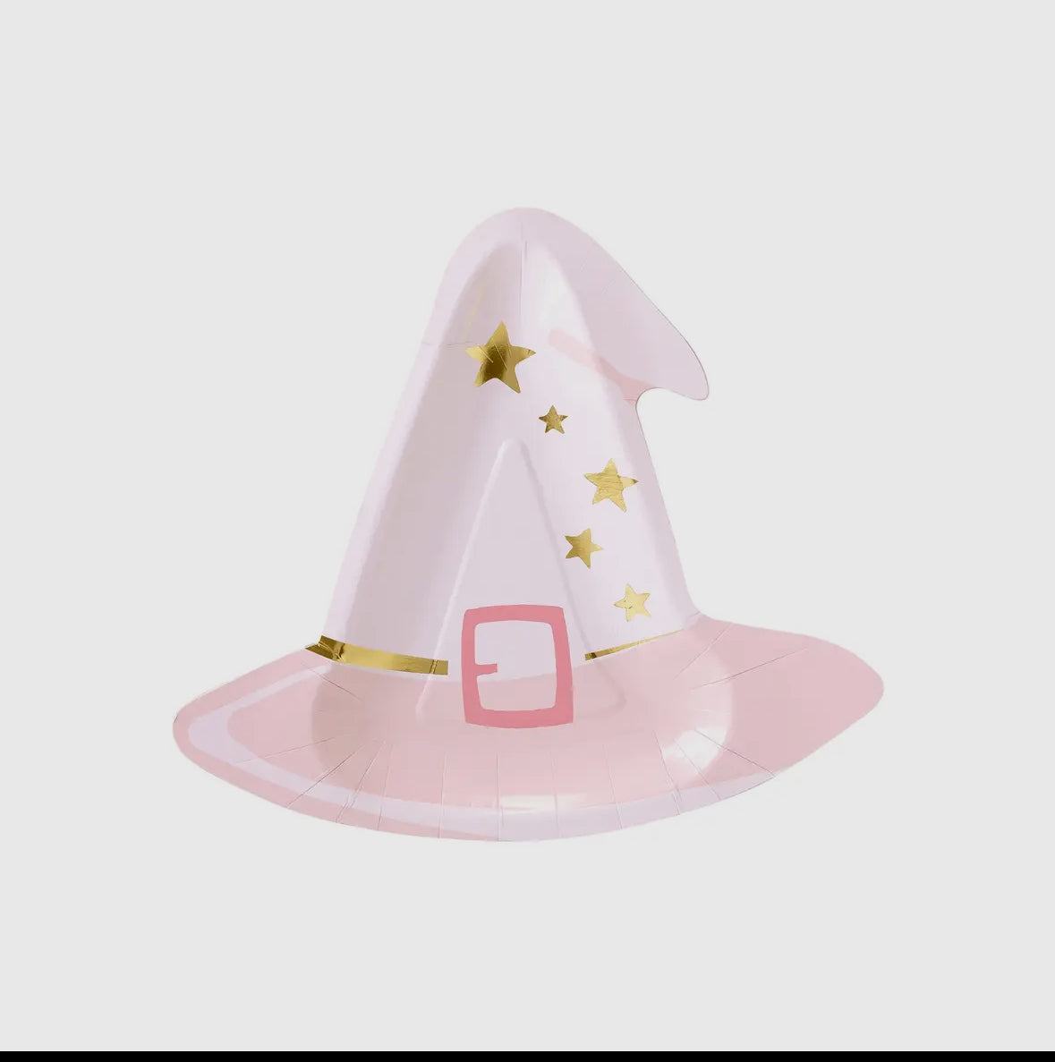 Pink witch hat-shaped disposable plates, perfect for Halloween parties. Pack of 8 plates, measuring 10" x 9", adding a fun and stylish touch to spooky celebrations.