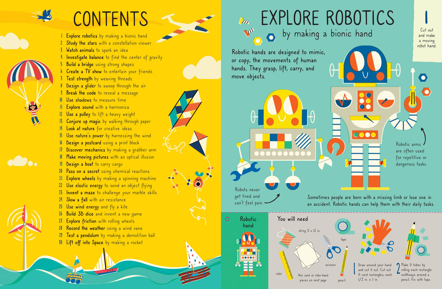 Interactive Inventors Book with 30 DIY projects, transforming into rockets, code-breakers, bionic hands, and more. Includes a pull-out Inventors Handbook with step-by-step instructions, perfect for young inventors exploring science and engineering.