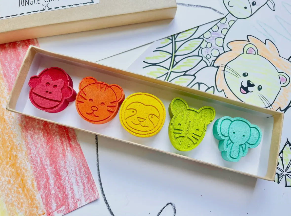 Set of 5 Animal-Shaped Crayons for Kids, featuring vibrant monkey, tiger, sloth, zebra, and elephant designs. Perfect for art projects, birthday party favors, and children's gifts. Safe, non-toxic materials, ideal for coloring fun and creativity.