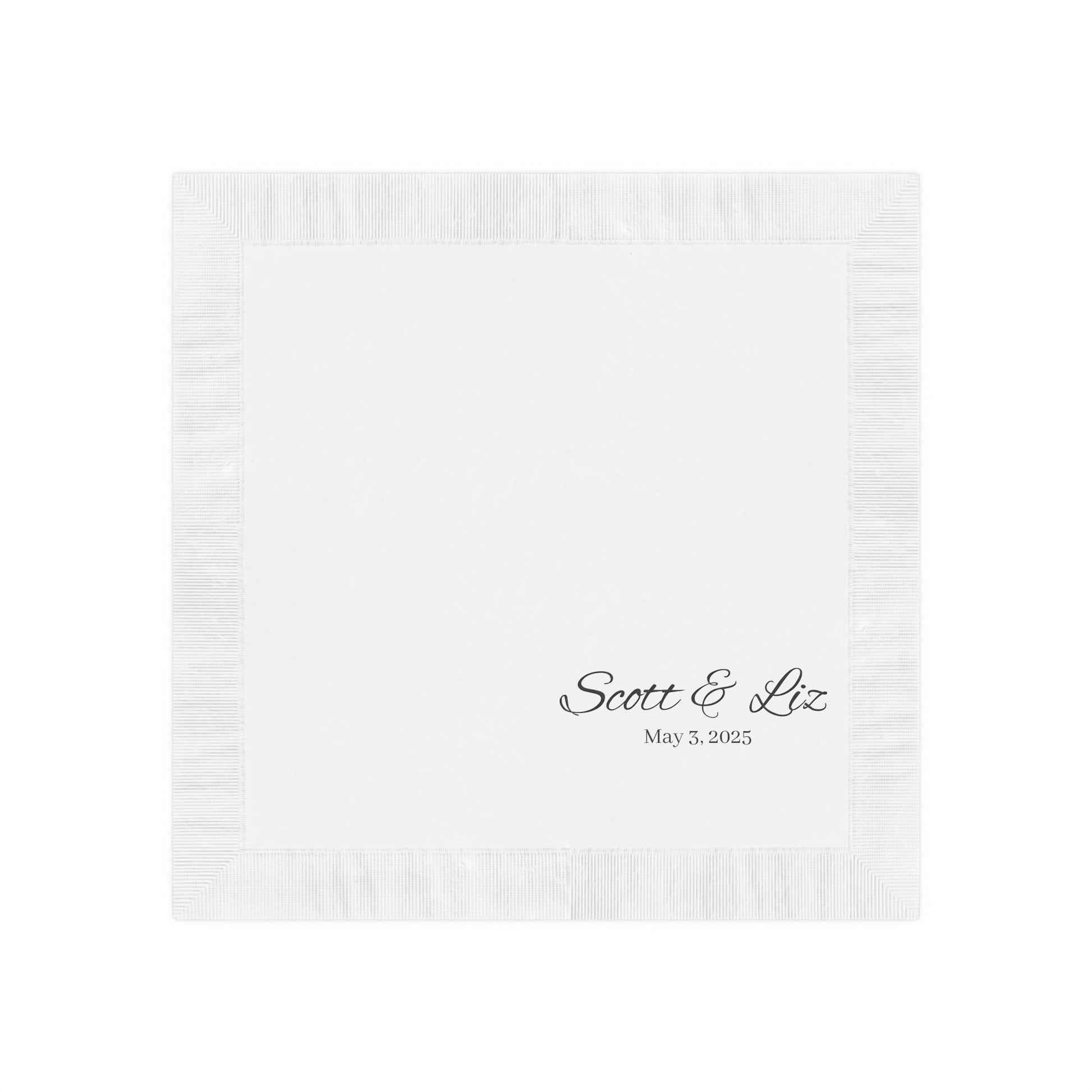 Set of personalized three-ply white napkins available in luncheon (6.5" x 6.5") and beverage (4.8" x 4.8") sizes. Perfect for weddings, birthday parties, and special events, these custom napkins can be personalized with names and event dates, making them a unique gift for brides and grooms. Elevate your celebrations with these stylish and functional napkins, ideal for toasting life, love, and friendship!