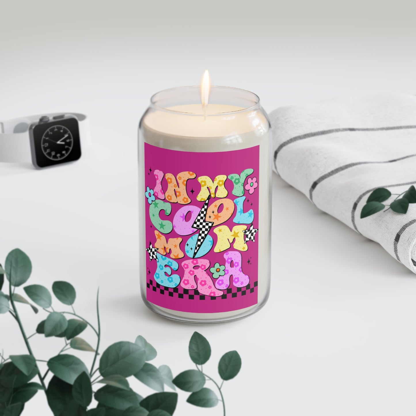 Personalized scented candles made from 100% natural soy wax with a cotton wick. Burn time of 70-80 hours, offering a relaxing home fragrance. One size (3" × 5"), with a permanent adhesive label. Perfect for adding a personal touch to your me-time.