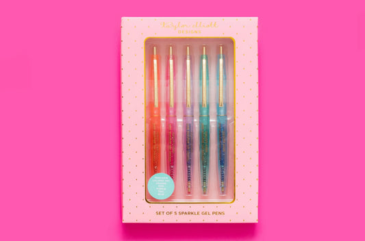 Fun and stylish pen set featuring sparkly gel ink, perfect for expressing creativity. Includes 5 pens in a beautifully designed gift box.