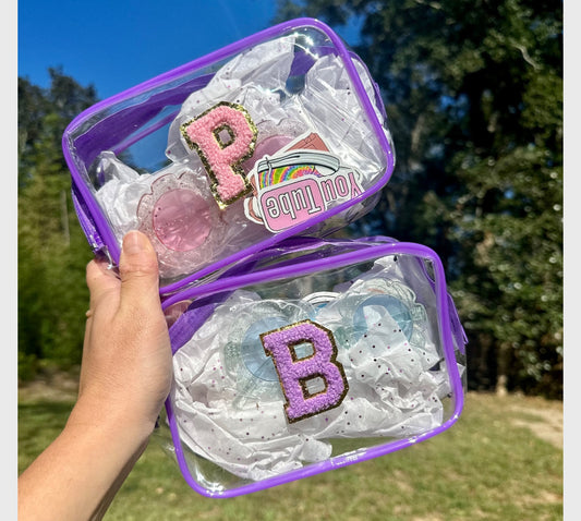 Personalized "All that Glitters" skincare pouch, perfect for storing skincare essentials. The pouch is customized with a name and favorite icons, making it an ideal party favor for pampering yourself or gifting to friends.