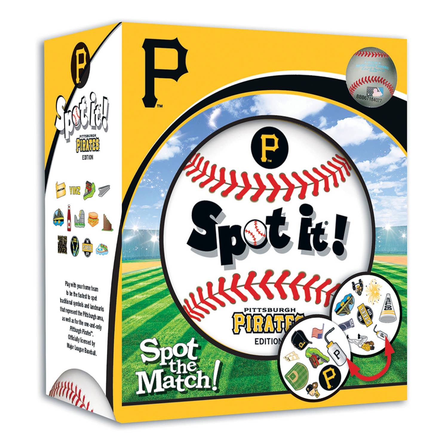 Officially licensed MLB Pittsburgh Pirates Spot It! game, 55 cards, 5 mini-games, family fun, ages 7+