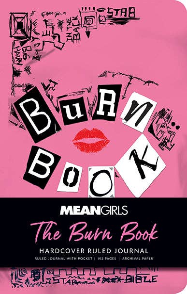 Mean Girls Burn Book Journal with 192 ruled pages, ribbon placeholder, elastic band, and back pocket for keepsakes. Inspired by the iconic 2004 movie, perfect for fans to jot down thoughts, quotes, and memories.