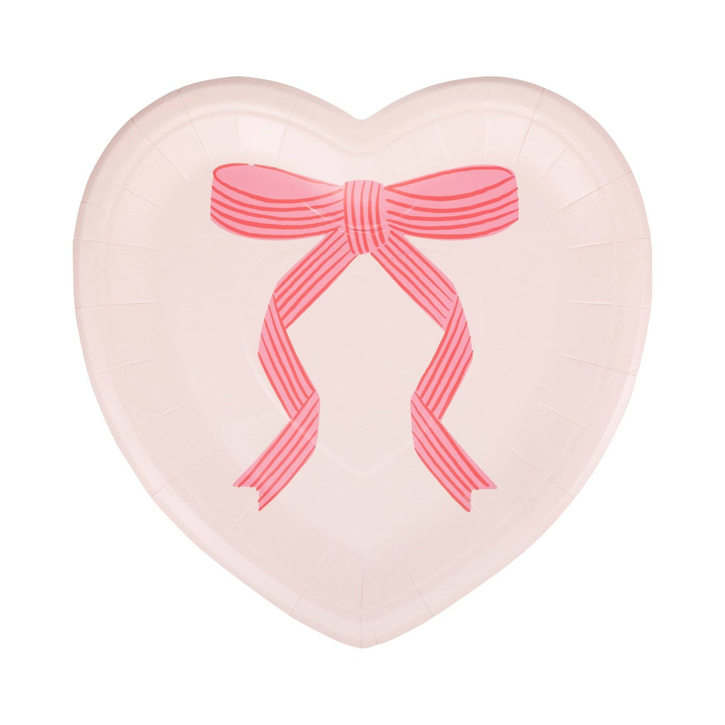 Tied Bow Heart Plates, 8 heart-shaped paper plates per pack, 9 x 9 inches, perfect for Valentine's Day celebrations or romantic dinners.