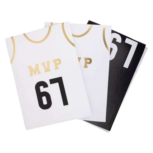 Basketball treat bags set, including 8 jersey-style bags measuring 5" x 8" x 2.5". Features gold number stickers and twine for a fun party accessory. Perfect for kids' basketball-themed parties, ensuring a slam dunk with kids and parents alike.