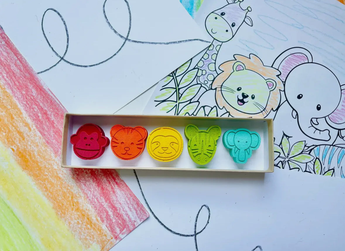 Set of 5 Animal-Shaped Crayons for Kids, featuring vibrant monkey, tiger, sloth, zebra, and elephant designs. Perfect for art projects, birthday party favors, and children's gifts. Safe, non-toxic materials, ideal for coloring fun and creativity.