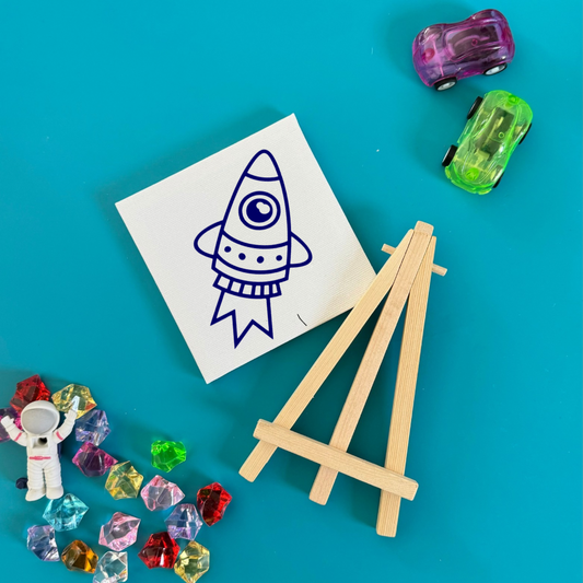 Space-themed DIY paint kits for kids, perfect for party favors. Includes a canvas, wooden easel, paint set, and brush. Great for birthdays, baby showers, and family reunions. Encourages artistic expression for toddlers and preschoolers. Tiny hands-friendly!