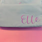 Personalized cosmetic pouch with zipper, featuring custom name, initials, or trendy icons. Lightweight and durable, available in neon or neutral colors with gold zippers. Size: 10" long x 5" wide x 3" deep. Perfect for summer slumber parties, travel, school, or as a makeup organizer. Great gift for girls, bridesmaids, or team members.