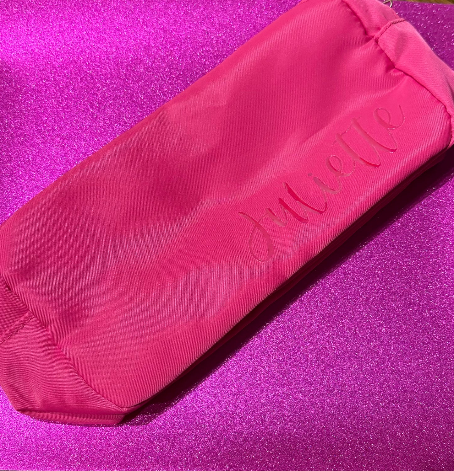 Personalized cosmetic pouch with zipper, featuring custom name, initials, or trendy icons. Lightweight and durable, available in neon or neutral colors with gold zippers. Size: 10" long x 5" wide x 3" deep. Perfect for summer slumber parties, travel, school, or as a makeup organizer. Great gift for girls, bridesmaids, or team members.