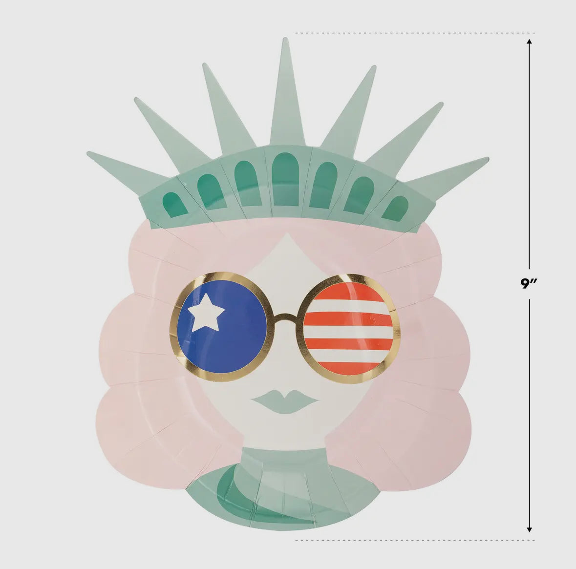 Lady Liberty Sunnies Shaped Paper Plates, perfect for patriotic parties. Includes 8 plates, each 8 x 10 inches. Add a fun and stylish touch to your table setting, letting you enjoy your food with a side of freedom. Ideal for any patriotic gathering.