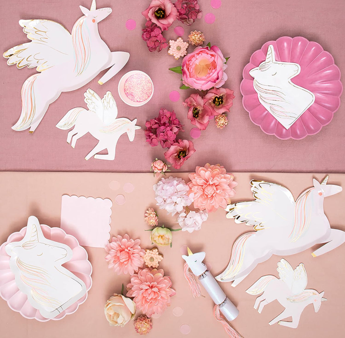 Unicorn-shaped party plates featuring shiny gold foil embellishments and neon print. Perfect for adding a magical touch to any fairytale-themed party. Set includes 8 high-quality plates, measuring 170mm x 230mm, ideal for dessert or snacks.