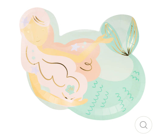 Mermaid-shaped paper plates featuring a playful design, perfect for under-the-sea themed parties. Includes 8 plates, each measuring 9.5 x 10 inches with gold foil accents, adding charm and whimsy to any celebration.