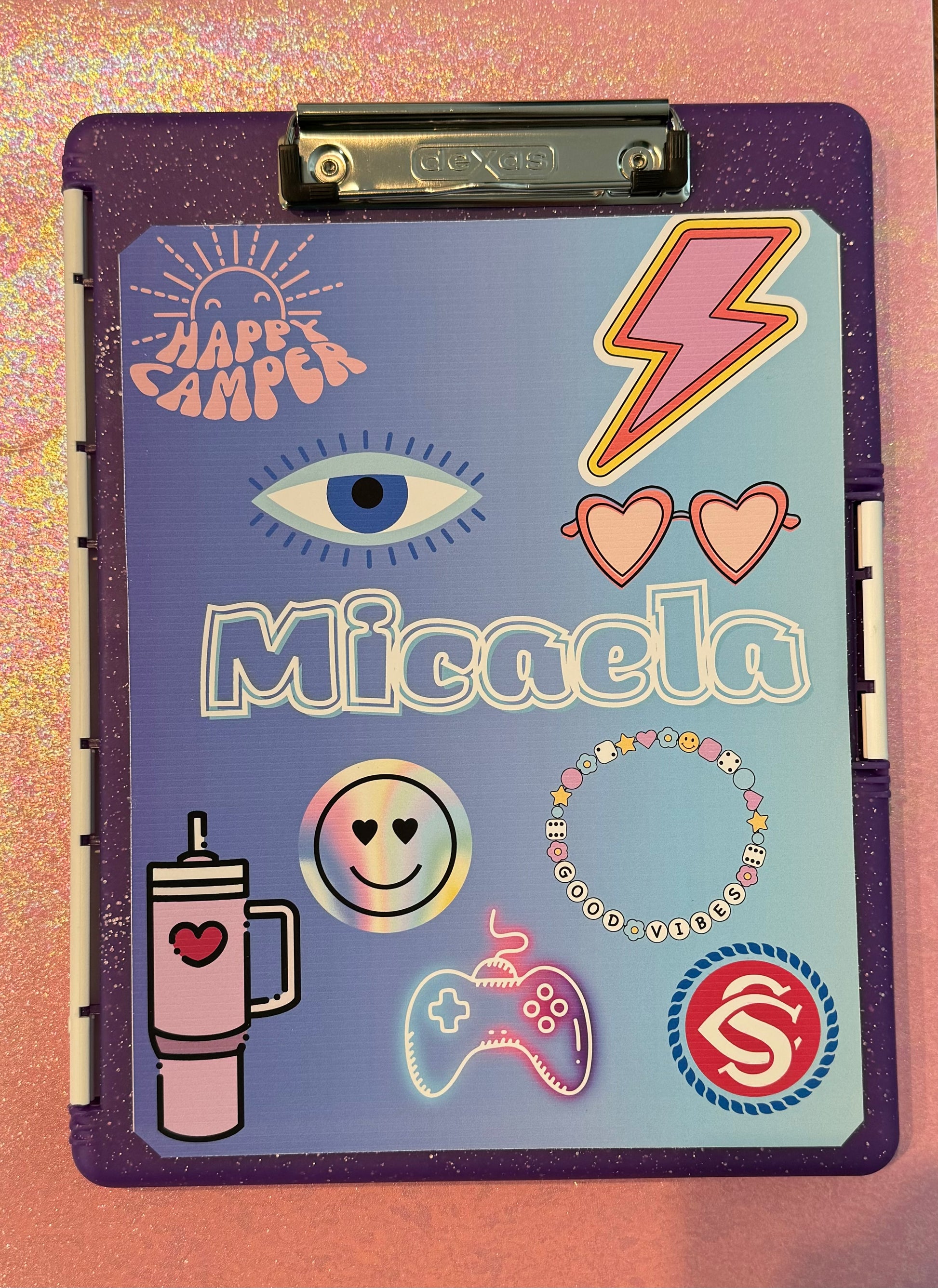 Personalized clip case for camp stationery, custom clipboard with storage. Perfect for letters and notes, featuring customizable backgrounds, fonts, and graphics. Ideal for camp and sleepaway camp use.