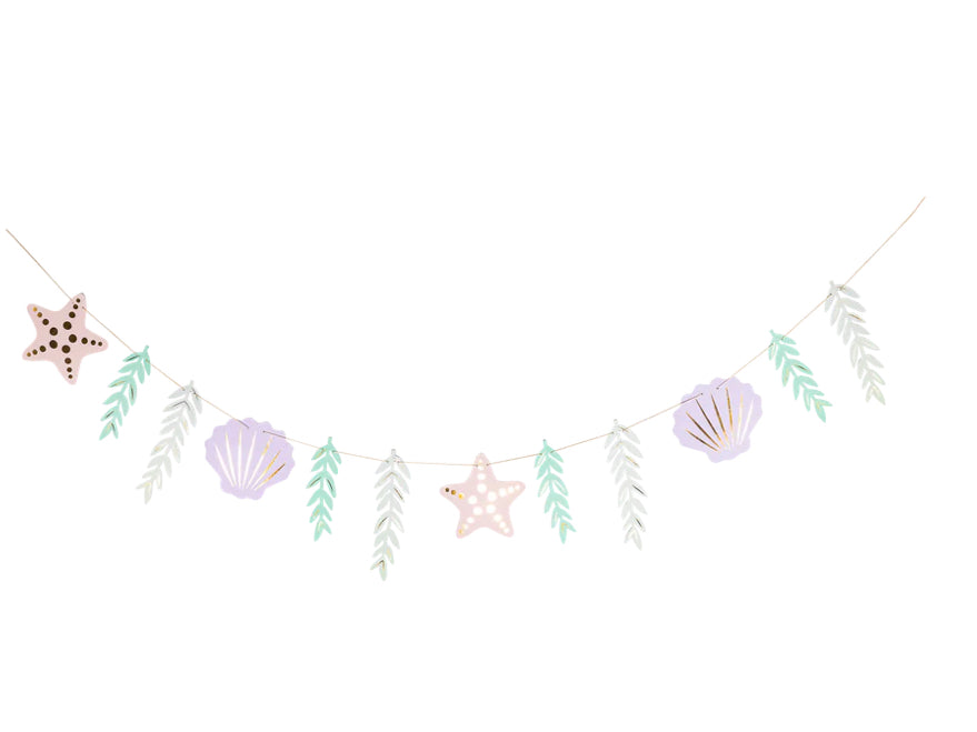 Jumbo under-the-sea themed banner featuring seashells, seaweed, and gold foil accents. Perfect for ocean-themed birthday parties. Banner is 5 ft long with 12 pieces, each measuring 6" - 9" tall. Ideal for mermaid and sea creature celebrations.