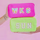 Personalized cosmetic pouch with zipper, featuring custom name, initials, or trendy icons. Lightweight and durable, available in neon or neutral colors with gold zippers. Size: 10" long x 5" wide x 3" deep. Perfect for summer slumber parties, travel, school, or as a makeup organizer. Great gift for girls, bridesmaids, or team members.