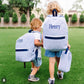 Explorer baby blue gingham small backpack, personalized for toddlers & fashionistas. Fits iPad, makeup, credit cards. Washable.