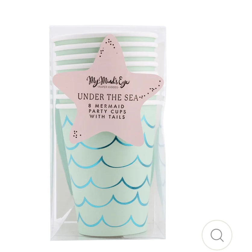 Mermaid Tail Paper Party Cups with adhesive tail and aqua foil accents, perfect for under-the-sea themed celebrations. Includes 8 cups per package, 12 oz capacity, measuring 4.5" tall and 3.5" round at the top