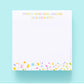 Colorful 3.5" x 3.5" sticky note pad with 300 sheets, imprinted with 'Throw Kindness Around Like Confetti.' Features a sticky adhesive backing and comes in shrink-wrap packaging. Confetti acrylic note holder sold separately. 