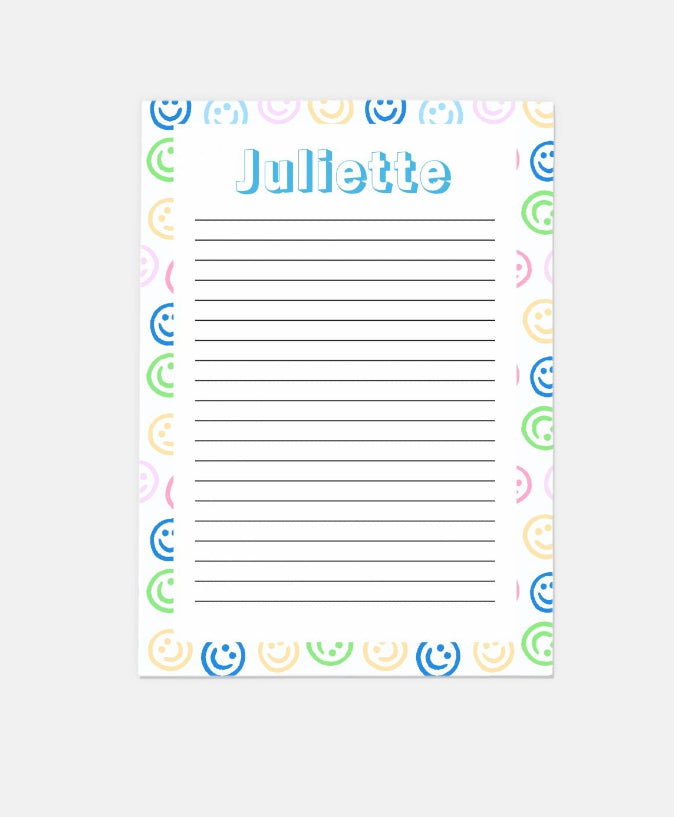 Colorful Smiley personalized stationery set with 10 flat notecards and matching envelopes, perfect for all occasions. Each notecard is 5" x 7" with a smooth finish.