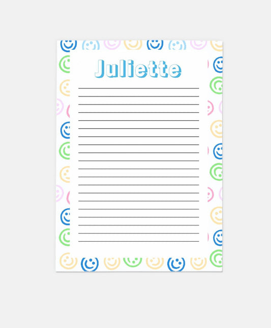 Colorful Smiley personalized stationery set with 10 flat notecards and matching envelopes, perfect for all occasions. Each notecard is 5" x 7" with a smooth finish.