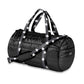 Classic puffer weekender bag in black with a decorative white star strap. This stylish bag measures 17" x 11" x 11", perfect for short trips or as a fashionable gym bag