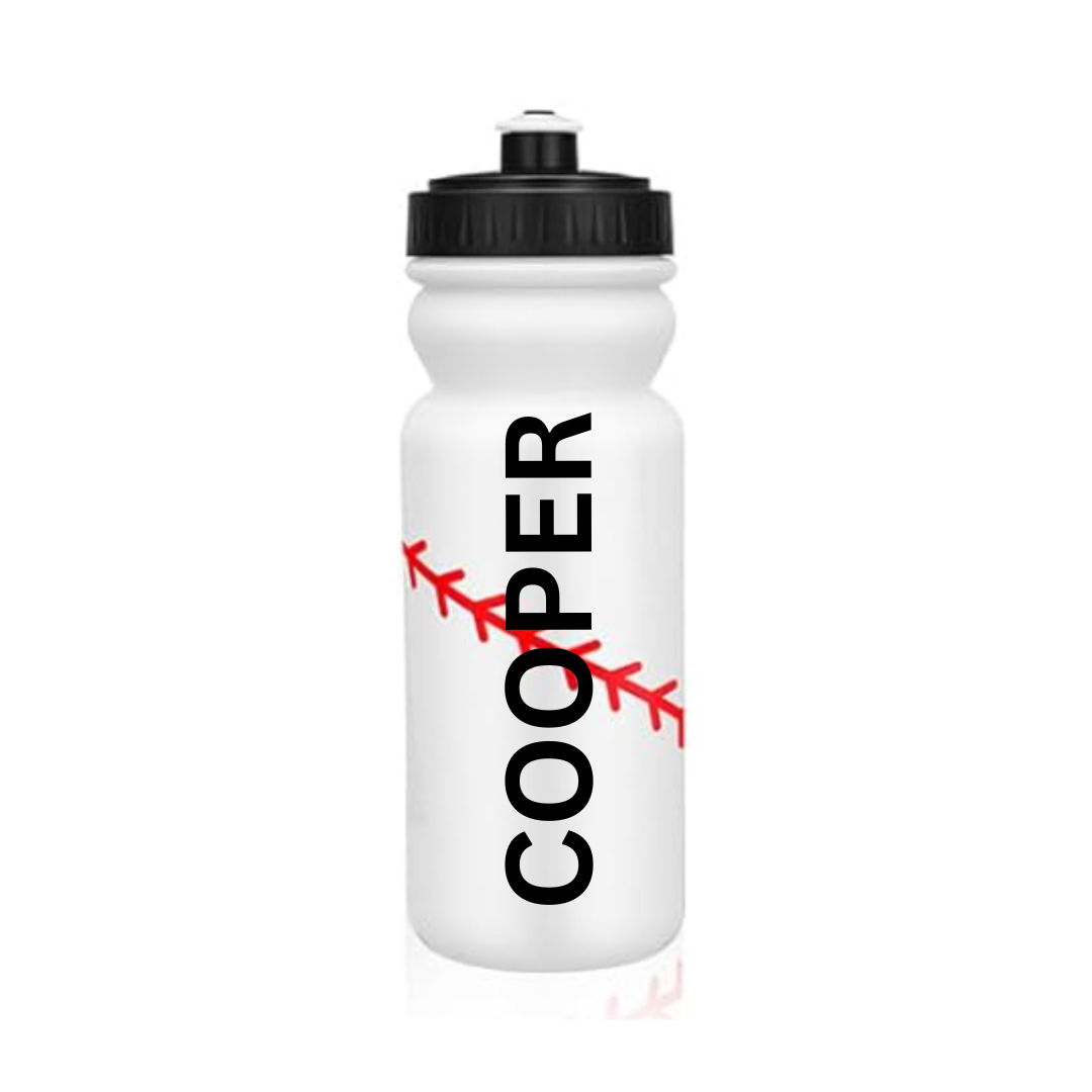 Stylish baseball-themed water bottles with pull-top caps for easy drinking, available in various colors and fonts. Perfect for sports teams, picnics, and field trips.