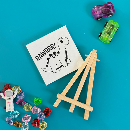 Dinosaur-themed DIY paint kits, perfect for party favors, kids 3+, each bag includes a canvas, wooden easel, paint set, and brush. Encourages artistic expression, fun for birthdays, baby showers, and more. Great indoor activity, with optional rainbow easels.