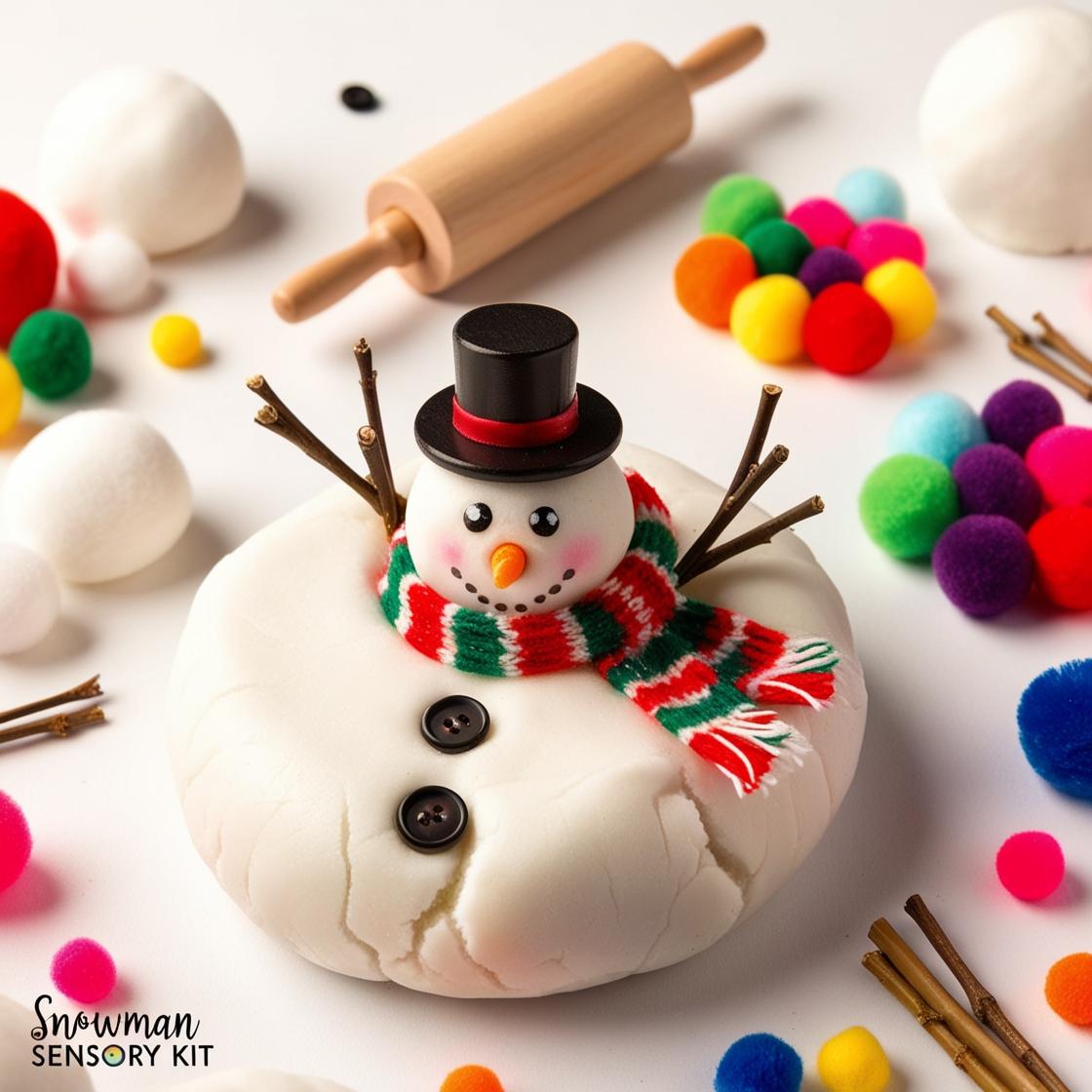 Snowman Sensory Kit for winter holiday play, featuring tactile activities that boost creativity, motor skills, and sensory exploration. Ideal for Christmas gifts, classroom activities, or seasonal fun, this kit includes themed sensory items for imaginative and calming play.