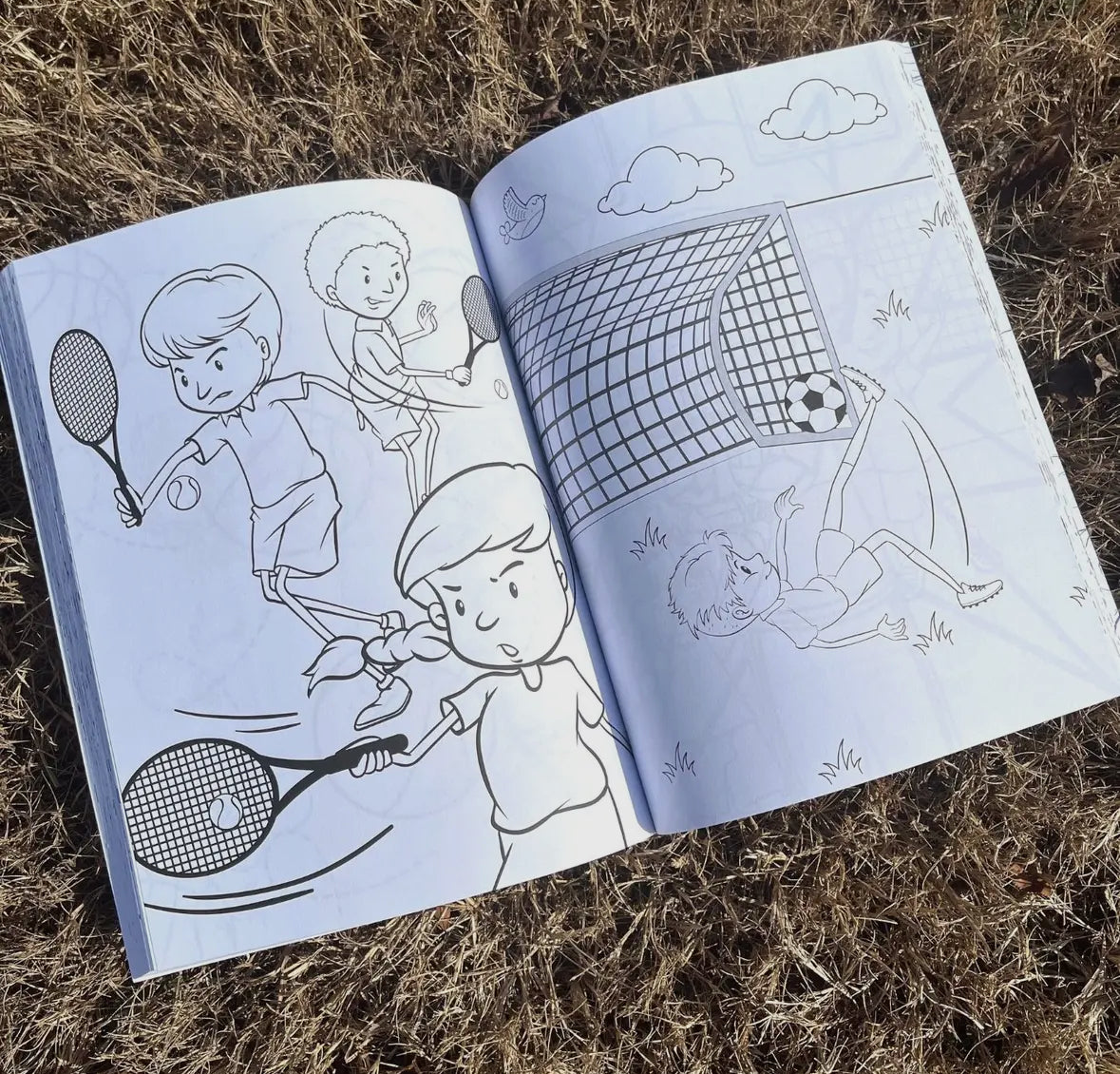 Sports coloring book for kids, measuring 8.5 x 11 inches with 200 pages. Perfect for sports enthusiasts aged 1-8, featuring fun and exciting coloring pages that reflect the joy of being an athlete.