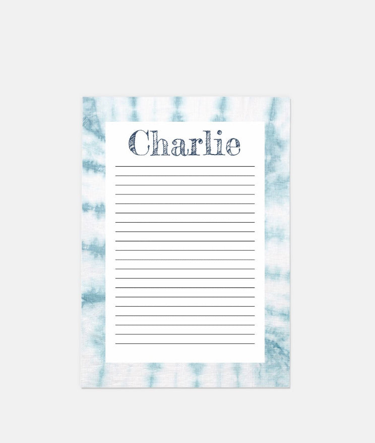 Blue tie dye personalized stationery cards with matching envelopes, perfect for letters and notes. Each set includes 10 cards and 10 envelopes in A7 size."