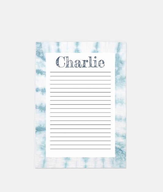 Blue tie dye personalized stationery cards with matching envelopes, perfect for letters and notes. Each set includes 10 cards and 10 envelopes in A7 size."