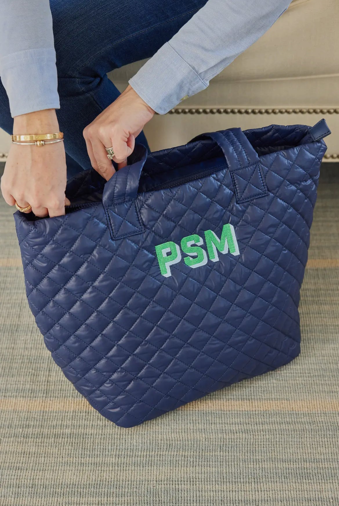 Personalized quilted tote combining practicality and style. Features a unique quilted design and customizable personalization, making it a one-of-a-kind accessory for any occasion. Stay organized and chic with this must-have tote