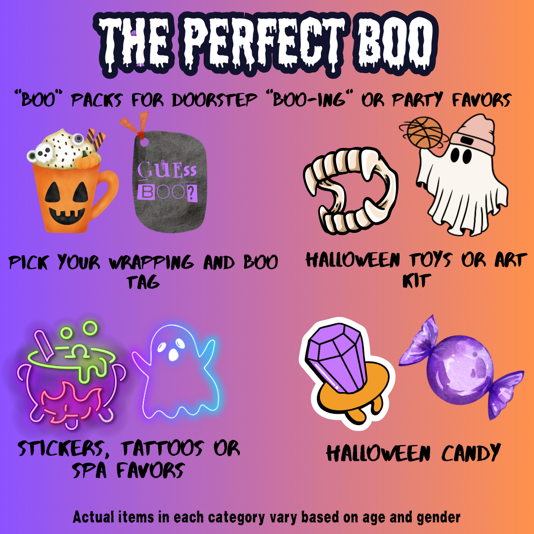 The Perfect Boo bag, a predesigned Halloween party favor, customizable with your choice of container, candy type, toy or art project, and sticker, tattoo, or spa favor. Great for leaving on friends' doorsteps or as a spooky party favor