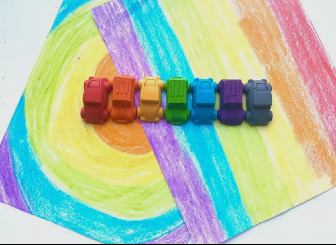 Cars Crayons Gift Set made from 100% non-toxic, recycled materials. Includes 7 colorful crayons in assorted shades like red, green, blue, and more. Perfect as stocking stuffers, party favors, or classroom gifts. Each crayon measures 2" long, 1" wide.