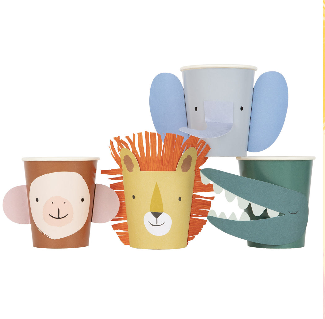 Colorful Animal Parade cups designed for children's parties, featuring fun embellishments. Each set includes four designs: monkey, elephant, crocodile, and lion. Suitable for hot or cold drinks, made from sustainable FSC paper. Pack contains 8 cups, each with a 9 oz capacity.