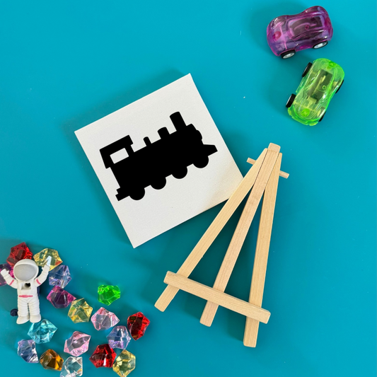 Train-themed DIY paint kits for kids with canvas, wooden easel, paint set, and paintbrush. Perfect as party favors for birthdays, baby showers, or family reunions. Encourages artistic expression in children aged 3 and up.