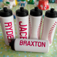 Stylish baseball-themed water bottles with pull-top caps for easy drinking, available in various colors and fonts. Perfect for sports teams, picnics, and field trips