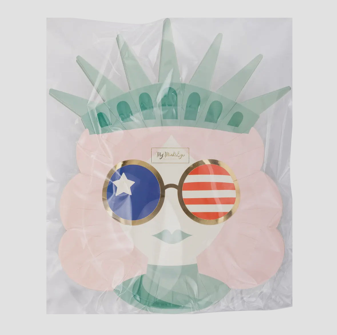 Lady Liberty Sunnies Shaped Paper Plates, perfect for patriotic parties. Includes 8 plates, each 8 x 10 inches. Add a fun and stylish touch to your table setting, letting you enjoy your food with a side of freedom. Ideal for any patriotic gathering.