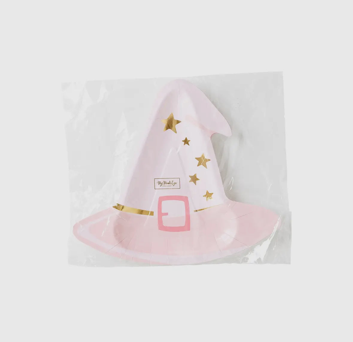 Pink witch hat-shaped disposable plates, perfect for Halloween parties. Pack of 8 plates, measuring 10" x 9", adding a fun and stylish touch to spooky celebrations.