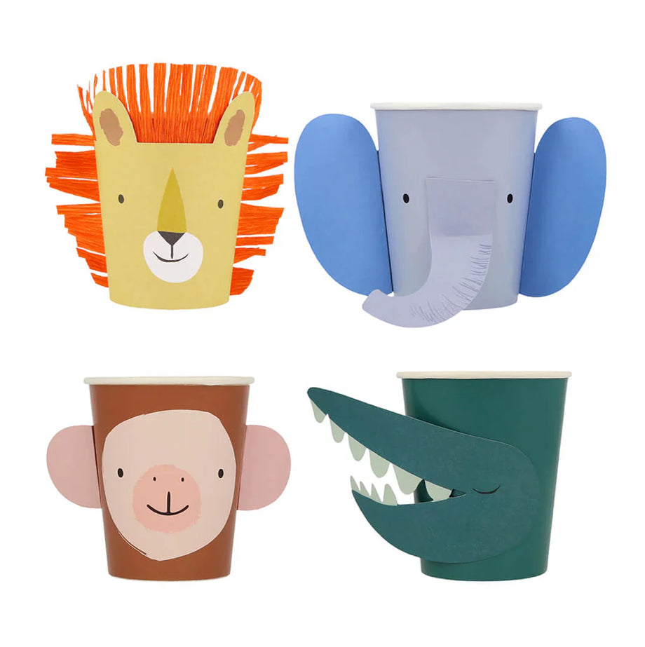 Colorful Animal Parade cups designed for children's parties, featuring fun embellishments. Each set includes four designs: monkey, elephant, crocodile, and lion. Suitable for hot or cold drinks, made from sustainable FSC paper. Pack contains 8 cups, each with a 9 oz capacity.