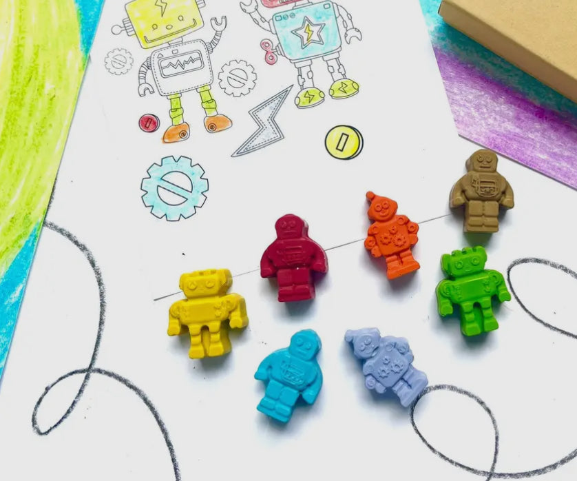 Eco-friendly Robot Crayons made from recycled and upcycled materials, packaged in a stylish box. Great for parties, classrooms, or as unique gifts.