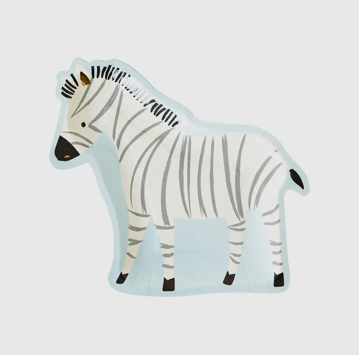 Zebra-shaped paper plates featuring a whimsical zebra illustration with gold foil accents. Includes 8 plates, approximately 11" wide and 10" tall. Perfect for adding a fun and wild touch to a safari-themed birthday party table decor.