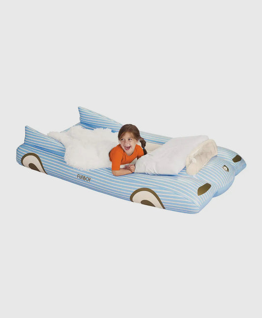 FUNBOY inflatable kids sleepover bed featuring cozy flocked sleeping surface and low-profile flat design for optimal support. Includes a convenient storage bag with shoulder strap, ideal for ages 3-12. Perfect for travel or hosting at home.